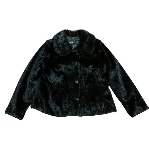 Dennis Basso Black Faux Fur Jacket M Cropped Collared Button Front Pockets - Picture 1 of 5